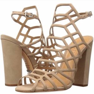 SCHUTZ Nude “Juliana” Caged Block Heels. Size 6